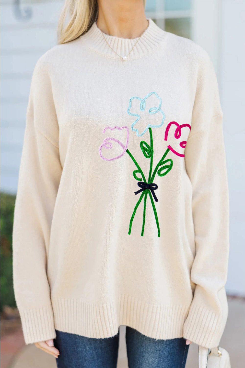 White Embroidered Flower Bouquet Ribbed Trim Loose Sweater-TOPS / DRESSES-[Adult]-[Female]-2022 Online Blue Zone Planet