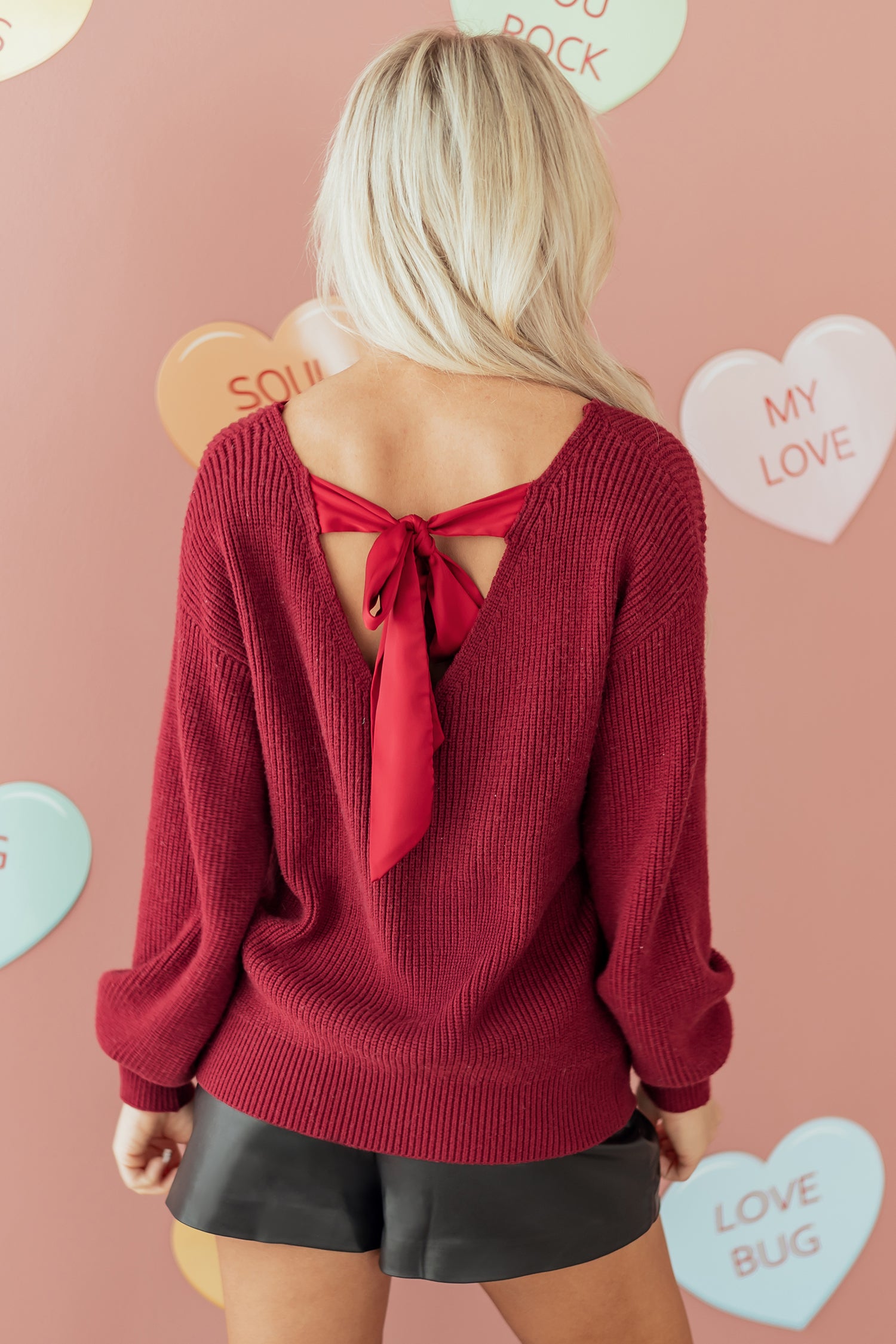 Red Dahlia Ribbed Knit Ribbon Knot Backless Drop Shoulder Sweater-Sweaters & Cardigans/Sweaters-[Adult]-[Female]-2022 Online Blue Zone Planet