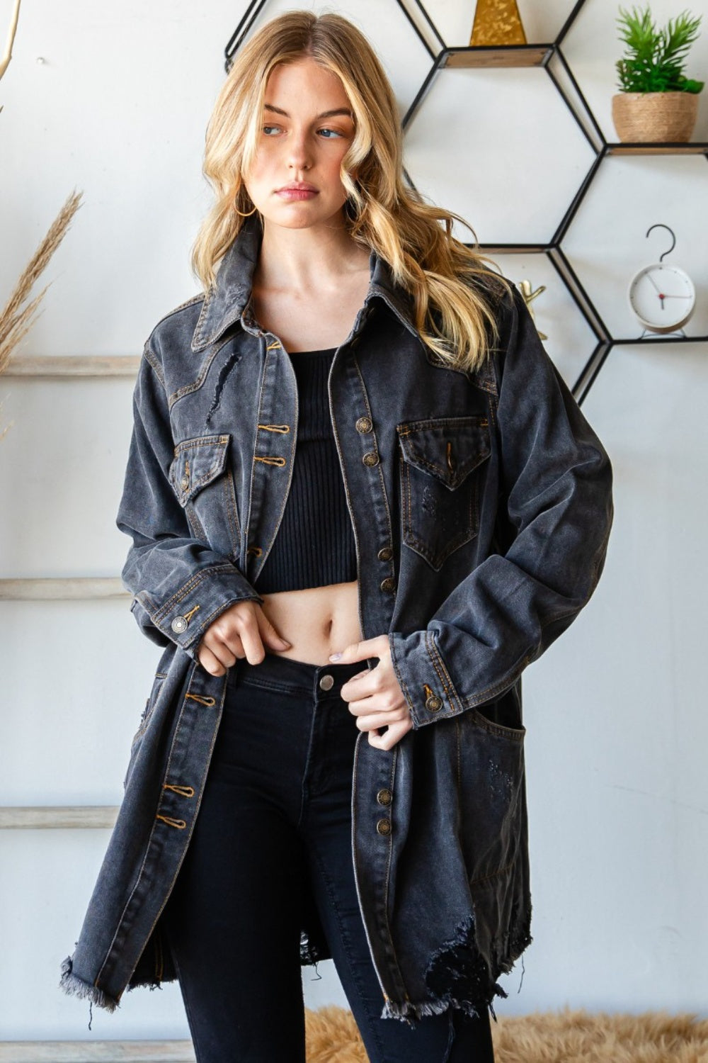 Veveret Button Up Distressed Frayed Hem Denim Jacket-TOPS / DRESSES-[Adult]-[Female]-2022 Online Blue Zone Planet