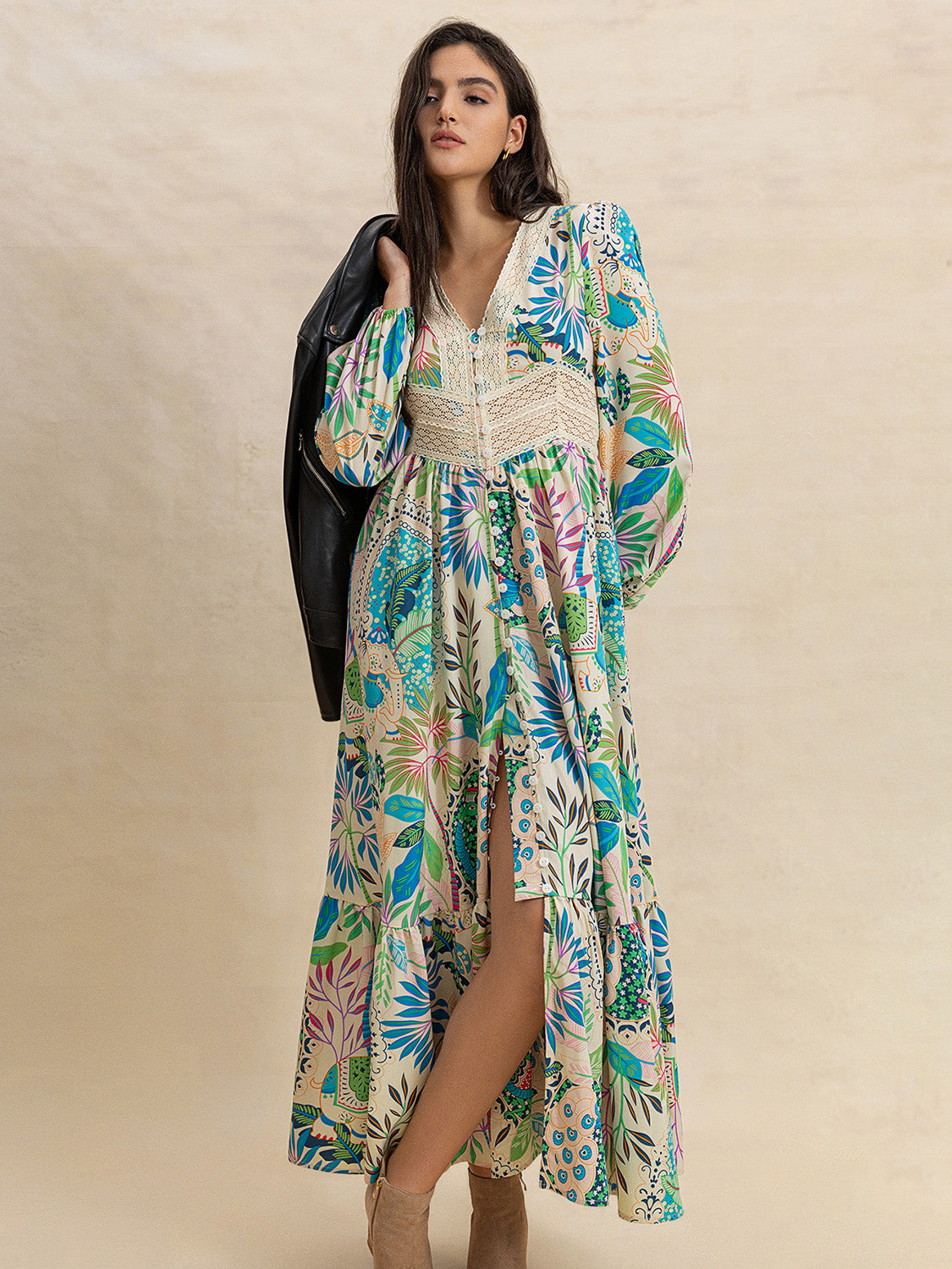 Slit Printed V-Neck Long Sleeve Midi Dress-TOPS / DRESSES-[Adult]-[Female]-2022 Online Blue Zone Planet