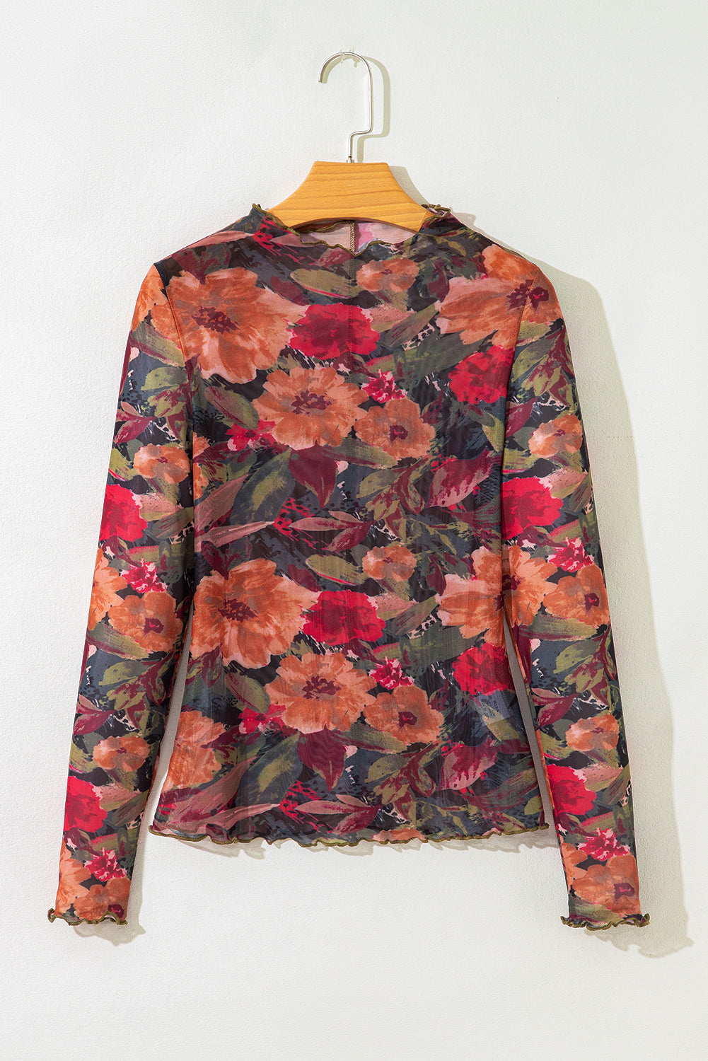 Multicolour Floral Print Lettuce Trim Long Sleeve Mesh Top-Tops/Long Sleeve Tops-[Adult]-[Female]-2022 Online Blue Zone Planet