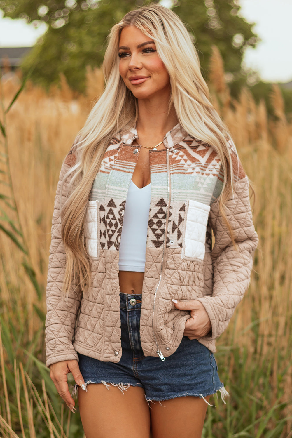 Light French Beige Aztec Quilted Patchwork Western Fashion Jacket-Outerwear/Jackets-[Adult]-[Female]-2022 Online Blue Zone Planet