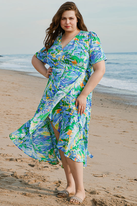 Green Leaves Print Short Sleeve Surplice Neck Ruffled Trim Plus Size Maxi Dress-TOPS / DRESSES-[Adult]-[Female]-Green-1X-2022 Online Blue Zone Planet