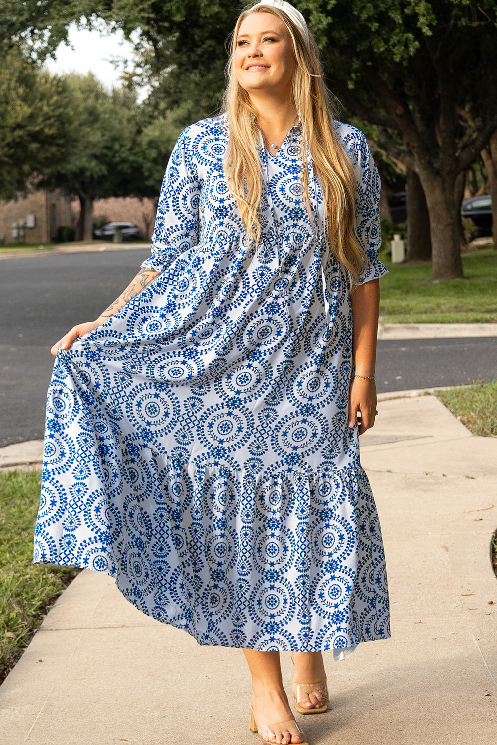 Blue Zone Planet | Sky Blue Geometric Print Lace-up Notch Neck Plus Size Maxi Dress-TOPS / DRESSES-[Adult]-[Female]-2022 Online Blue Zone Planet