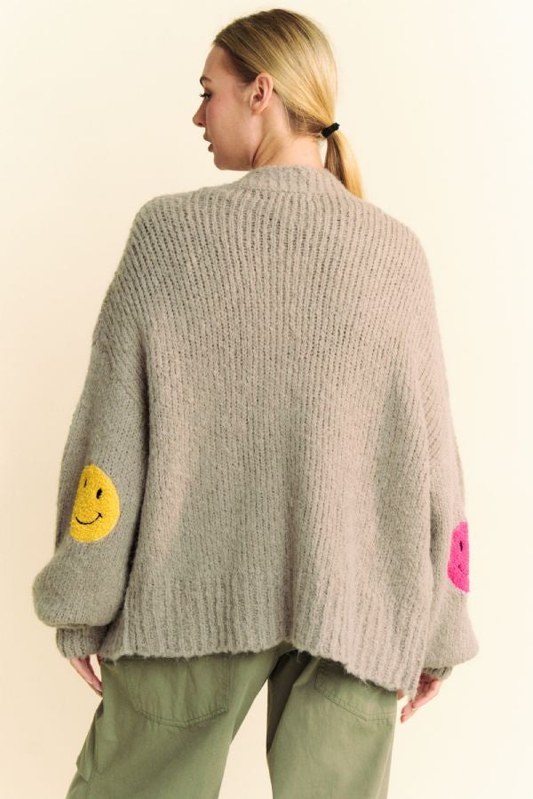 Davi & Dani Fuzzy Smile Open Front Long Sleeve Cardigan-TOPS / DRESSES-[Adult]-[Female]-2022 Online Blue Zone Planet