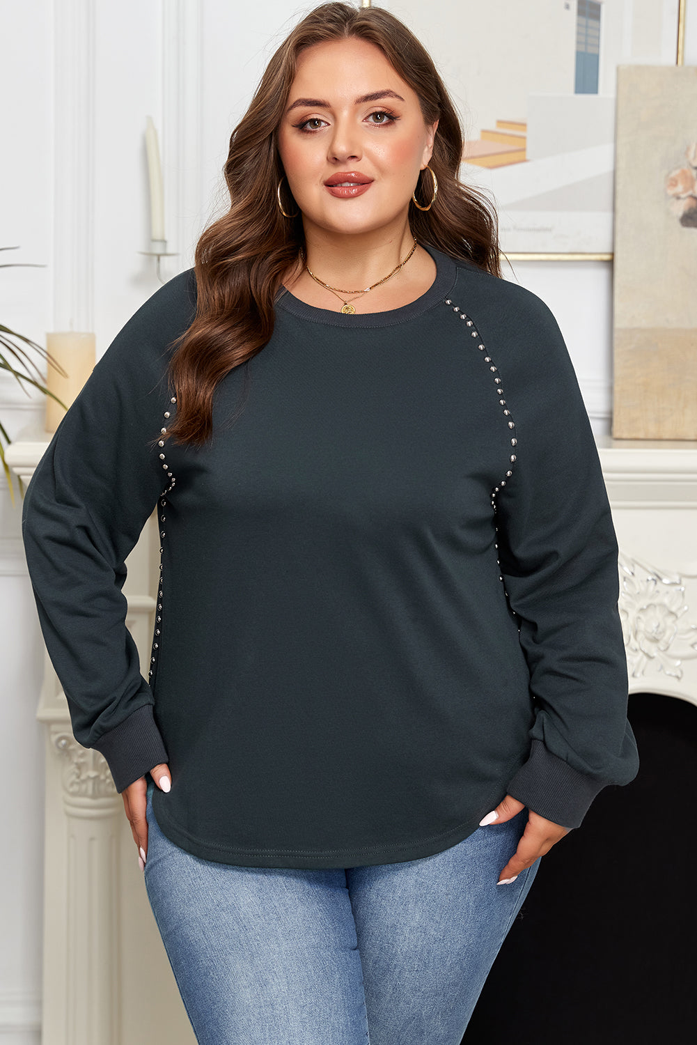 Black Studded Decor Ribbed Edge Mineral Wash Plus Size Jumper-Plus Size/Plus Size Tops/Plus Size Long Sleeve Tops-[Adult]-[Female]-2022 Online Blue Zone Planet