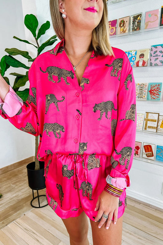 Strawberry Pink Cheetah Print Satin Shirt and Shorts Lounge Set-Two Piece Sets/Short Sets-[Adult]-[Female]-Strawberry Pink-S-2022 Online Blue Zone Planet