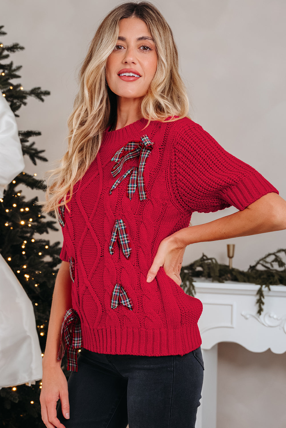 Fiery Red Plaid Lace Up Detail Christmas Holiday Puff Short Sleeve Sweater-TOPS / DRESSES-[Adult]-[Female]-2022 Online Blue Zone Planet