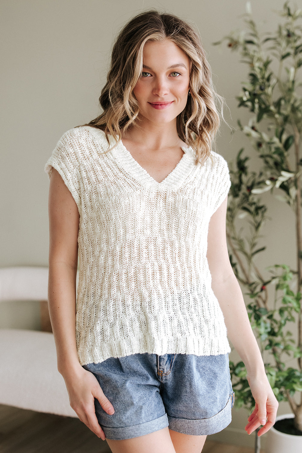 Beige Notched V Neck Short Sleeve Sweater-TOPS / DRESSES-[Adult]-[Female]-2022 Online Blue Zone Planet