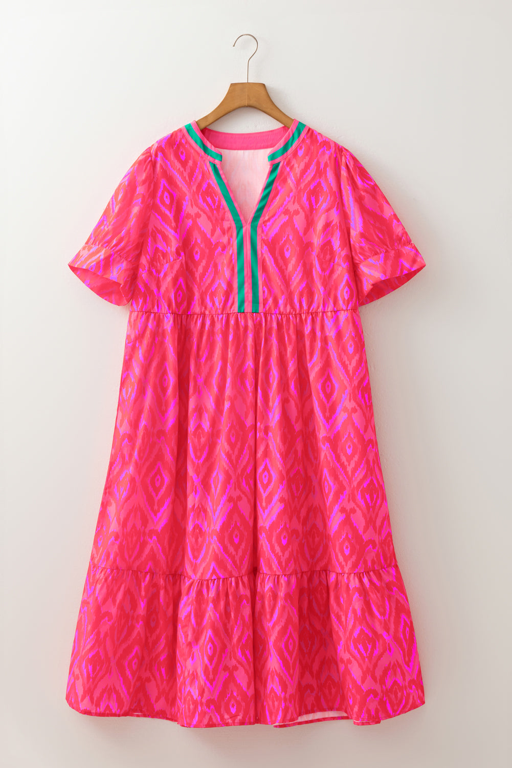 Red Allover Print Contrast Split Neckline Short Puff Sleeve Curvy Dress-TOPS / DRESSES-[Adult]-[Female]-2022 Online Blue Zone Planet