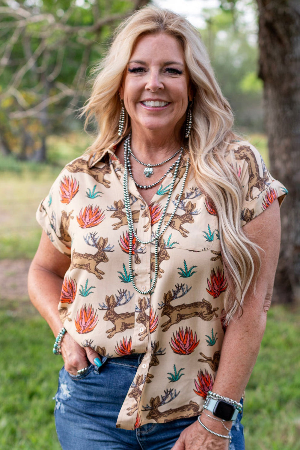 Khaki Plus Size Western Pattern Print Buttoned Short Sleeve Shirt-Plus Size/Plus Size Tops/Plus Size Blouses & Shirts-[Adult]-[Female]-2022 Online Blue Zone Planet