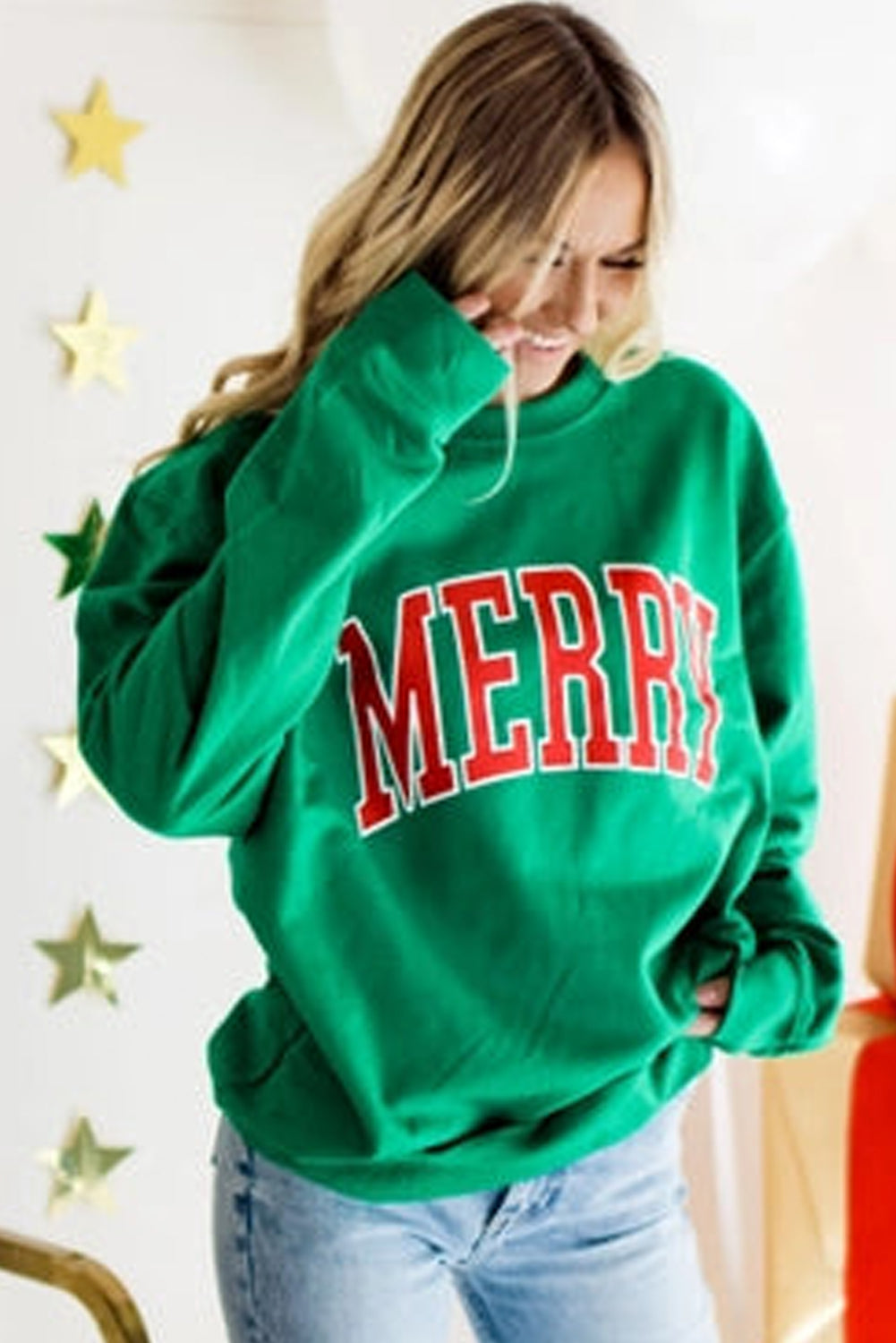 Bright Green MERRY Graphic Pullover Sweatshirt-Tops/Sweatshirts & Hoodies-[Adult]-[Female]-2022 Online Blue Zone Planet