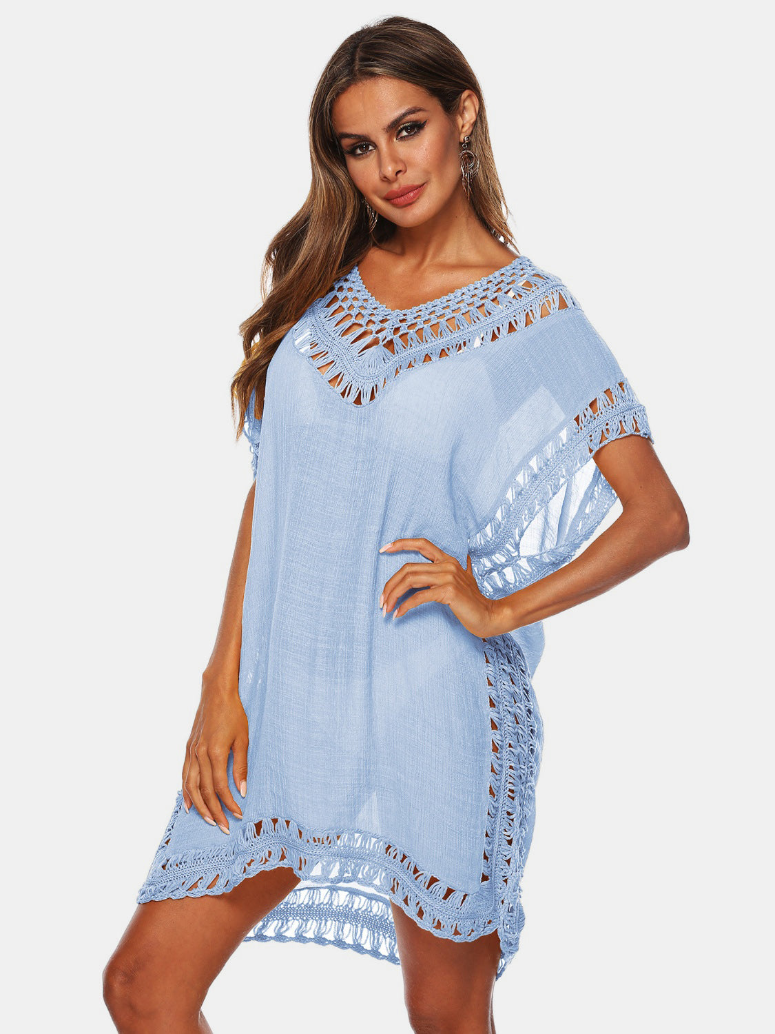 Cutout V-Neck Short Sleeve Cover-Up-TOPS / DRESSES-[Adult]-[Female]-Light Blue-One Size-2022 Online Blue Zone Planet