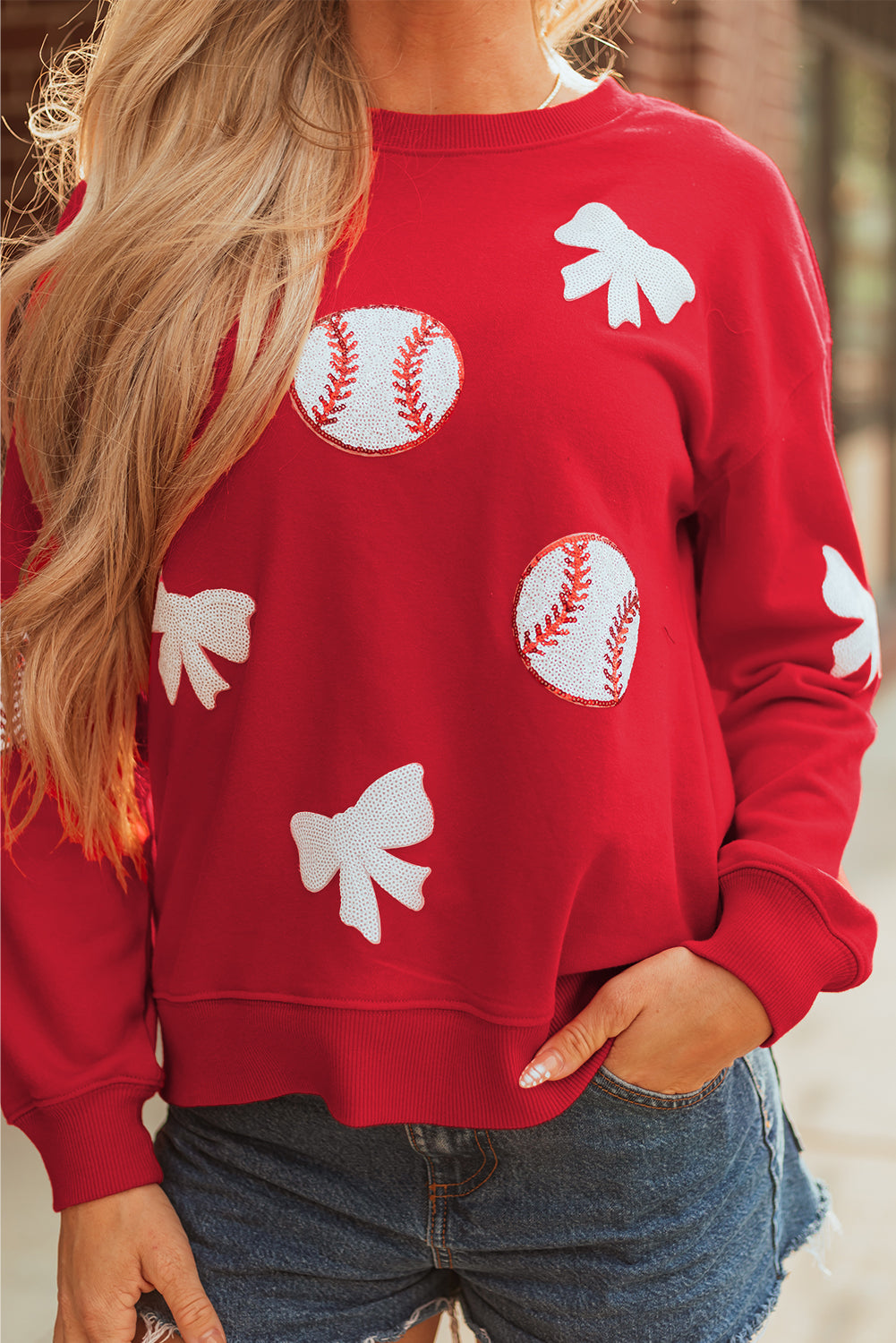 Red Sequin Baseball Bow Patched Pattern Game Day Pullover Sweatshirt-Graphic/Graphic Sweatshirts-[Adult]-[Female]-2022 Online Blue Zone Planet