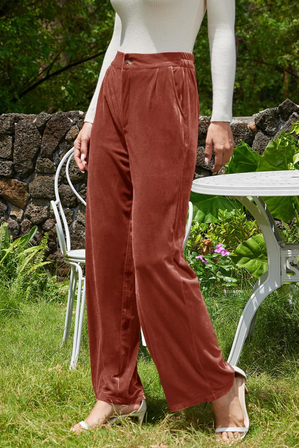 Velvet Wide Leg Pants with Pockets-BOTTOMS SIZES SMALL MEDIUM LARGE-[Adult]-[Female]-2022 Online Blue Zone Planet