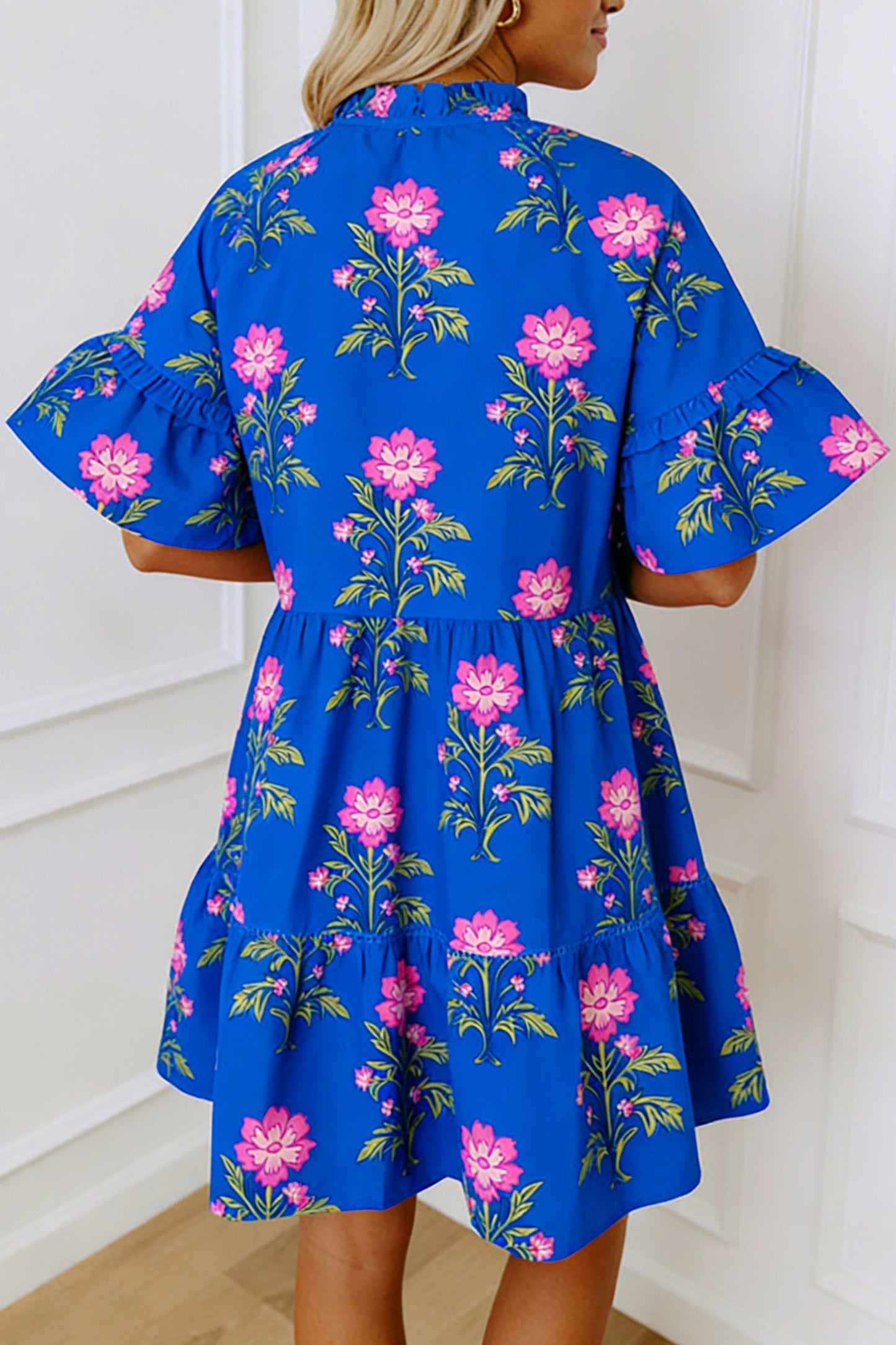 Blue V Neck Short Sleeve Loose Flower Dress-Dresses/Floral Dresses-[Adult]-[Female]-2022 Online Blue Zone Planet