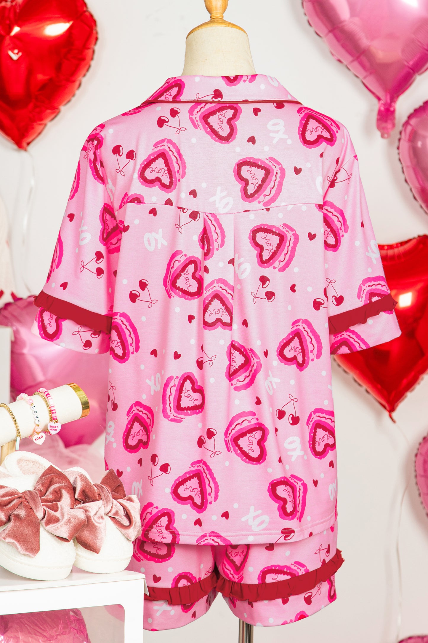 Pink Sweet Heart Cake Print Contrast Ruffle Trim Valentines 2pcs Pajama Set-Loungewear & Sleepwear/Sleepwear-[Adult]-[Female]-2022 Online Blue Zone Planet