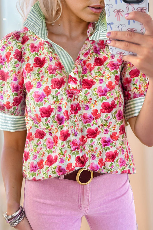 Red Floral Print Striped Patchwork Collared Short Sleeve Blouse-Tops/Blouses & Shirts-[Adult]-[Female]-Red-S-2022 Online Blue Zone Planet
