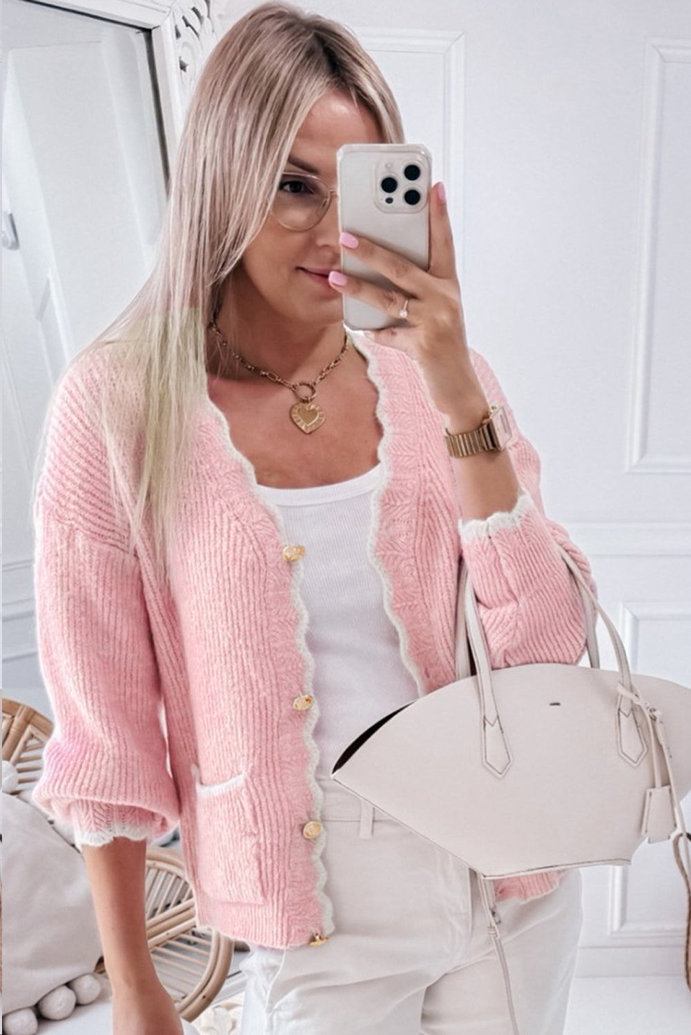 Pink Ribbed Knit Scalloped Edge Side Pockets Buttoned Cardigan-Sweaters & Cardigans/Cardigans-[Adult]-[Female]-2022 Online Blue Zone Planet