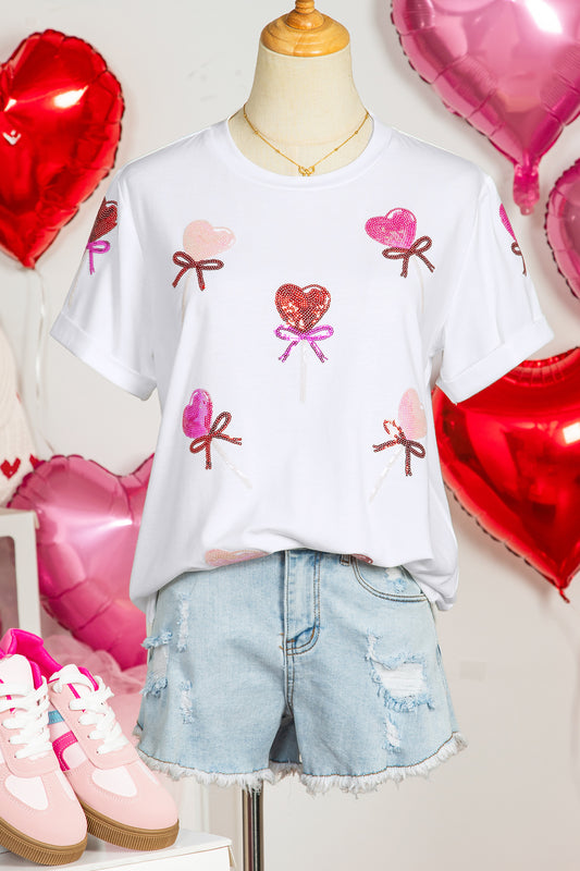 White Sequin Bow Heart Shape Lolly Valentines Day Graphic Tee-Graphic/Graphic Tees-[Adult]-[Female]-White-S-2022 Online Blue Zone Planet