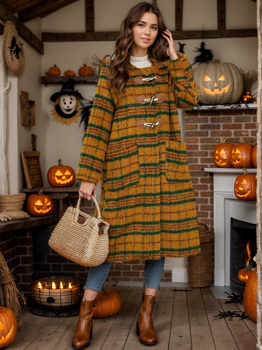 Plaid Long Sleeve Hooded Coat with Pockets-TOPS / DRESSES-[Adult]-[Female]-Mustard-S-2022 Online Blue Zone Planet