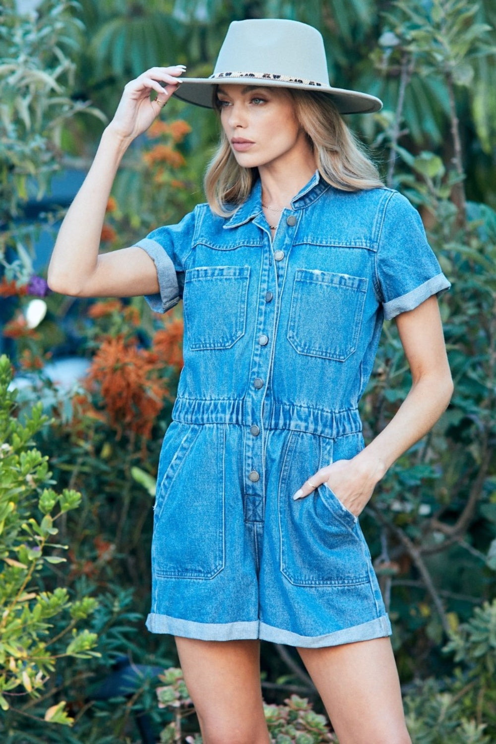 Blue Zone Planet | Veveret Elastic Waistband Denim Romper-TOPS / DRESSES-[Adult]-[Female]-2022 Online Blue Zone Planet