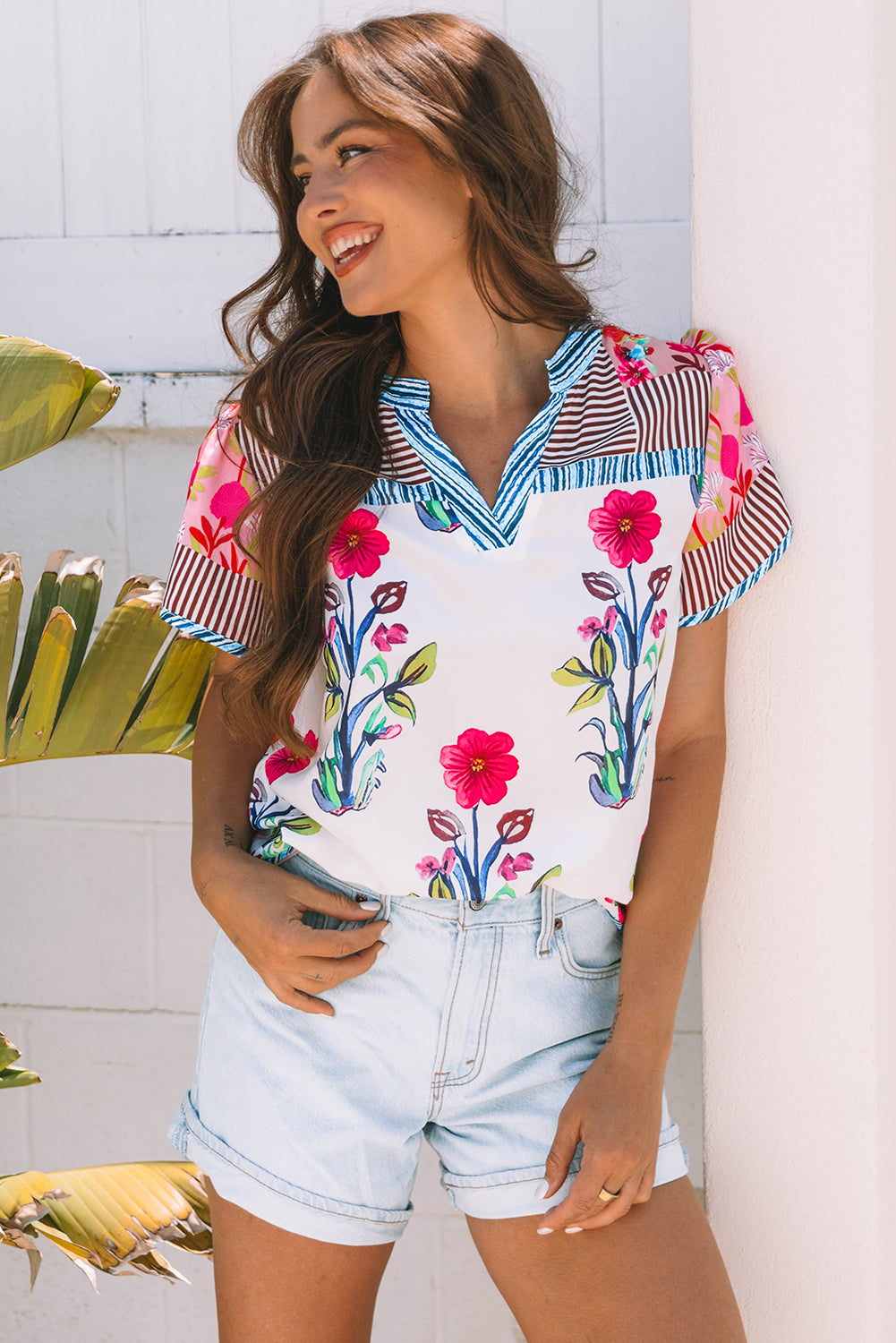 Pink Floral Striped Patchwork Short Sleeve Split Neck Blouse-Tops/Blouses & Shirts-[Adult]-[Female]-2022 Online Blue Zone Planet