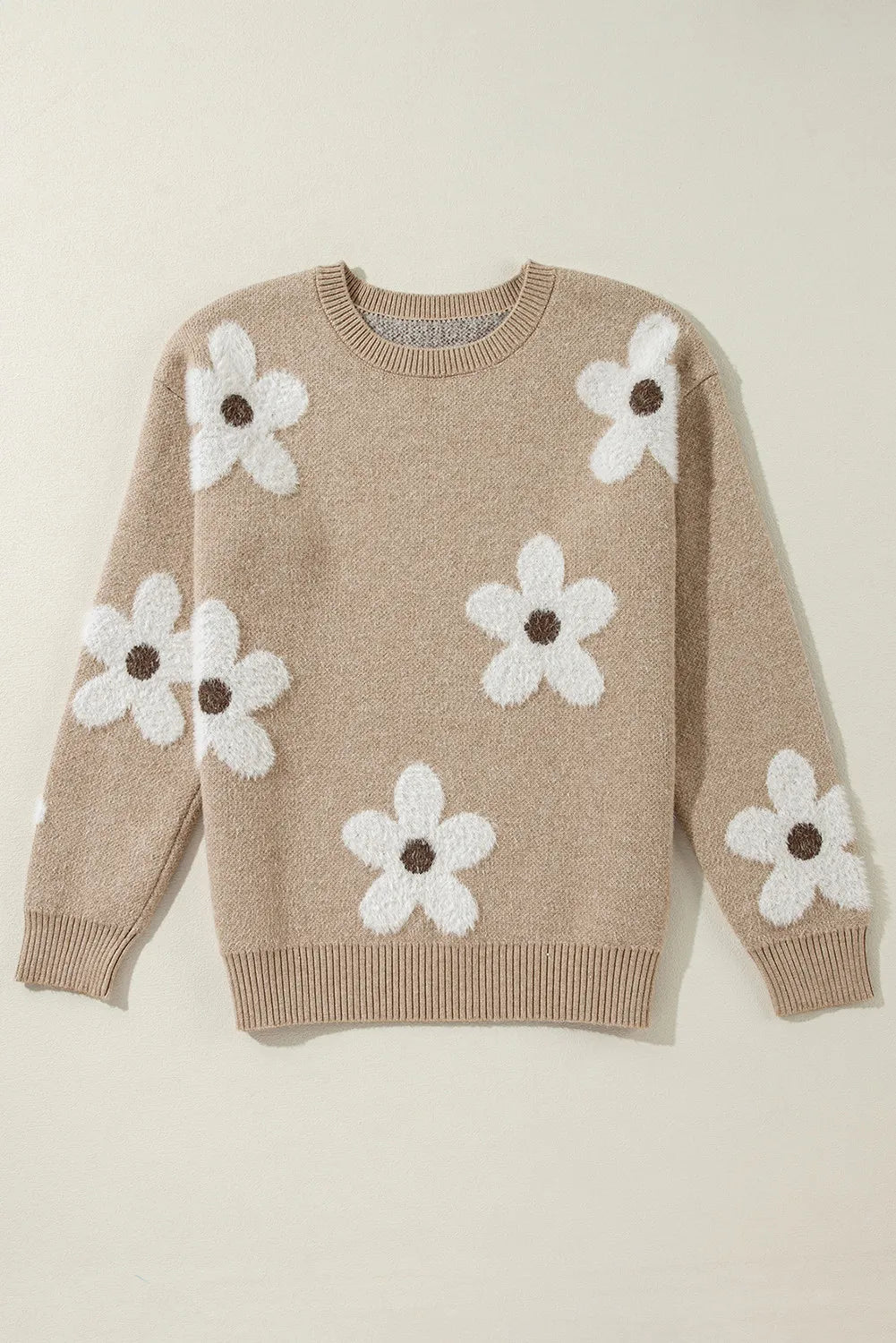 Flower Round Neck Long Sleeve Sweater-TOPS / DRESSES-[Adult]-[Female]-2022 Online Blue Zone Planet