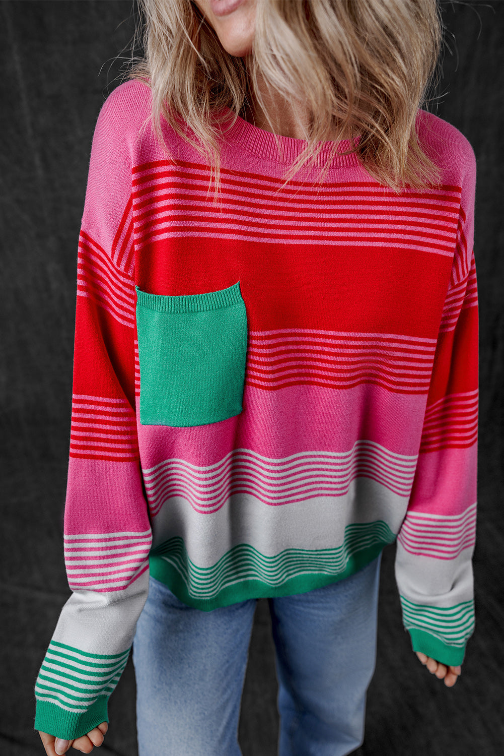 Blue Zone Planet | Rose Striped Knit Patch Pocket Drop Shoulder Sweater-Sweaters & Cardigans/Sweaters-[Adult]-[Female]-2022 Online Blue Zone Planet