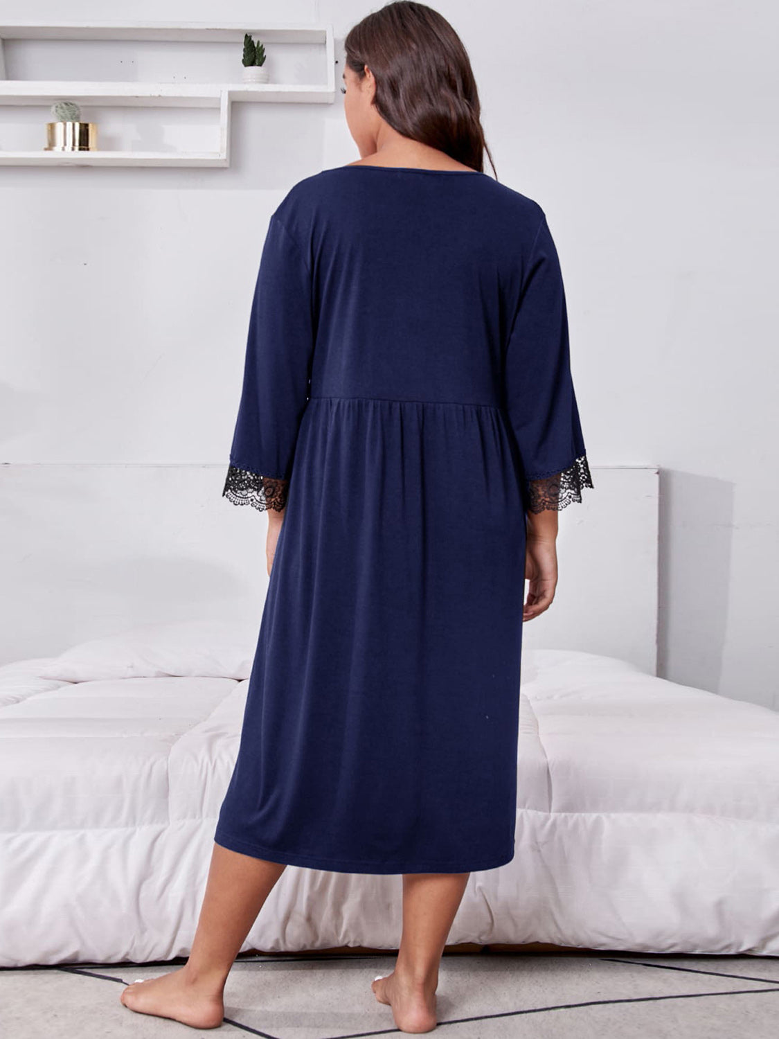 Plus Size Lace Detail V-Neck Lounge Dress-TOPS / DRESSES-[Adult]-[Female]-2022 Online Blue Zone Planet