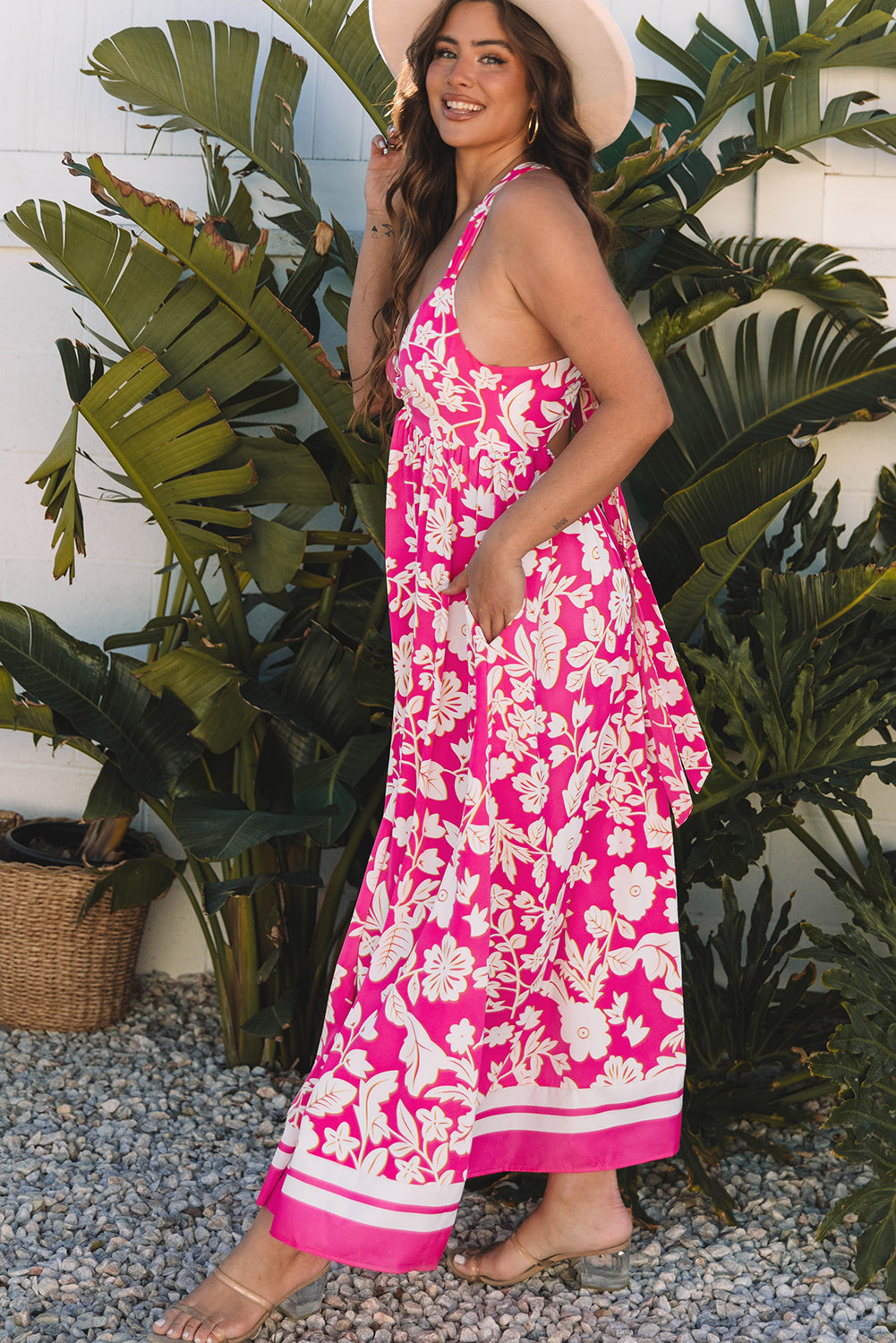 Rose Floral V Neck Crisscross Backless Maxi Dress-TOPS / DRESSES-[Adult]-[Female]-2022 Online Blue Zone Planet