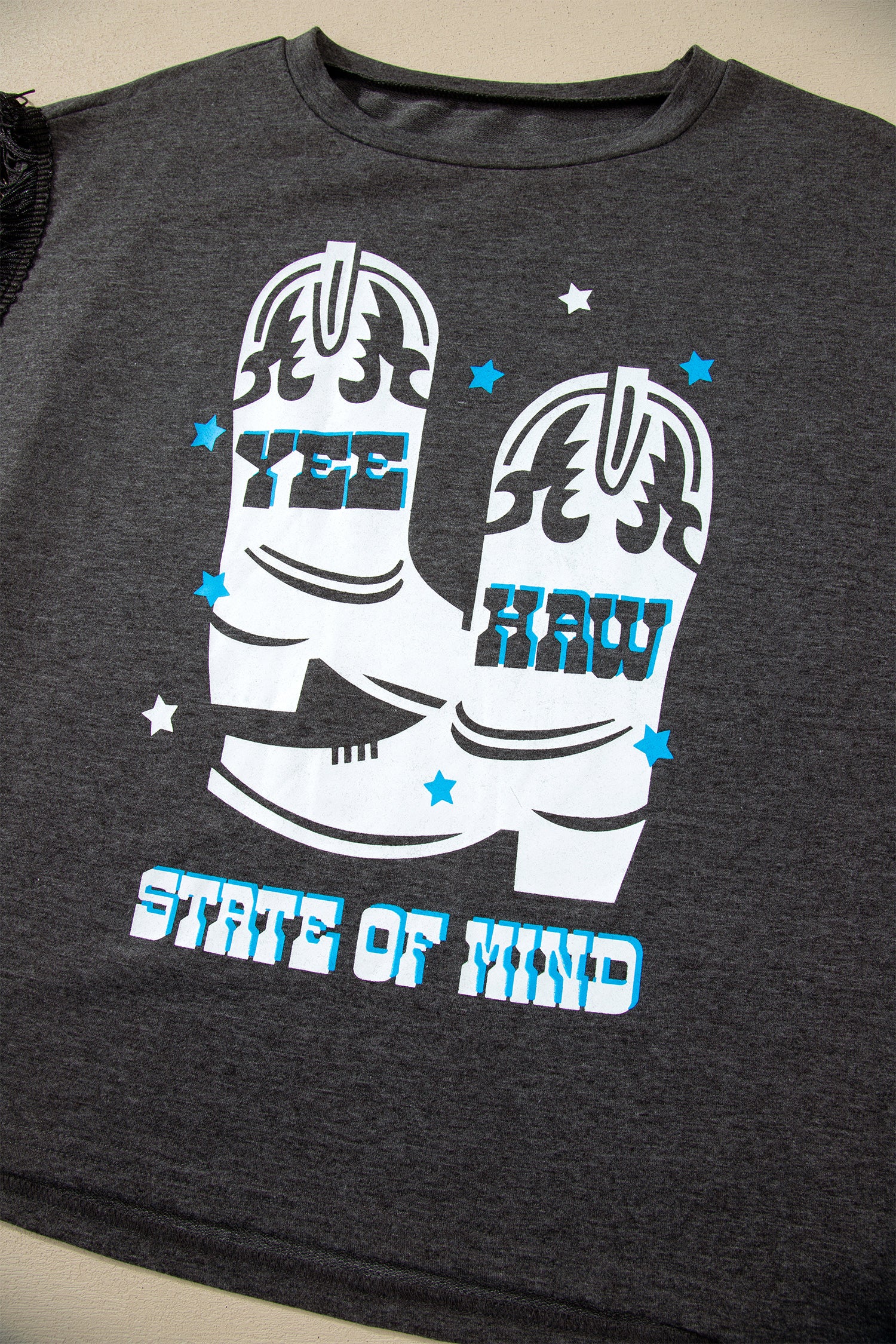 Carbon Grey Yee Haw Boots State Of Mind Fringed Sleeve Tee-Tops/Tops & Tees-[Adult]-[Female]-2022 Online Blue Zone Planet