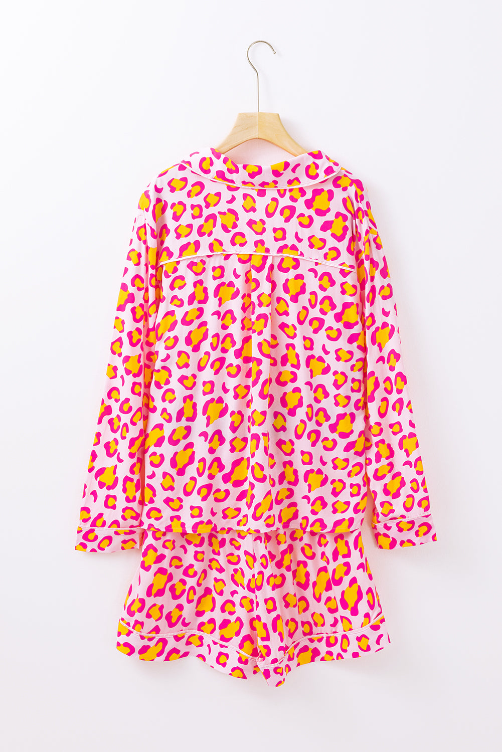 Pink Leopard Print Long Sleeve Shirt and Shorts Pajama Set-20% OFF-[Adult]-[Female]-2022 Online Blue Zone Planet