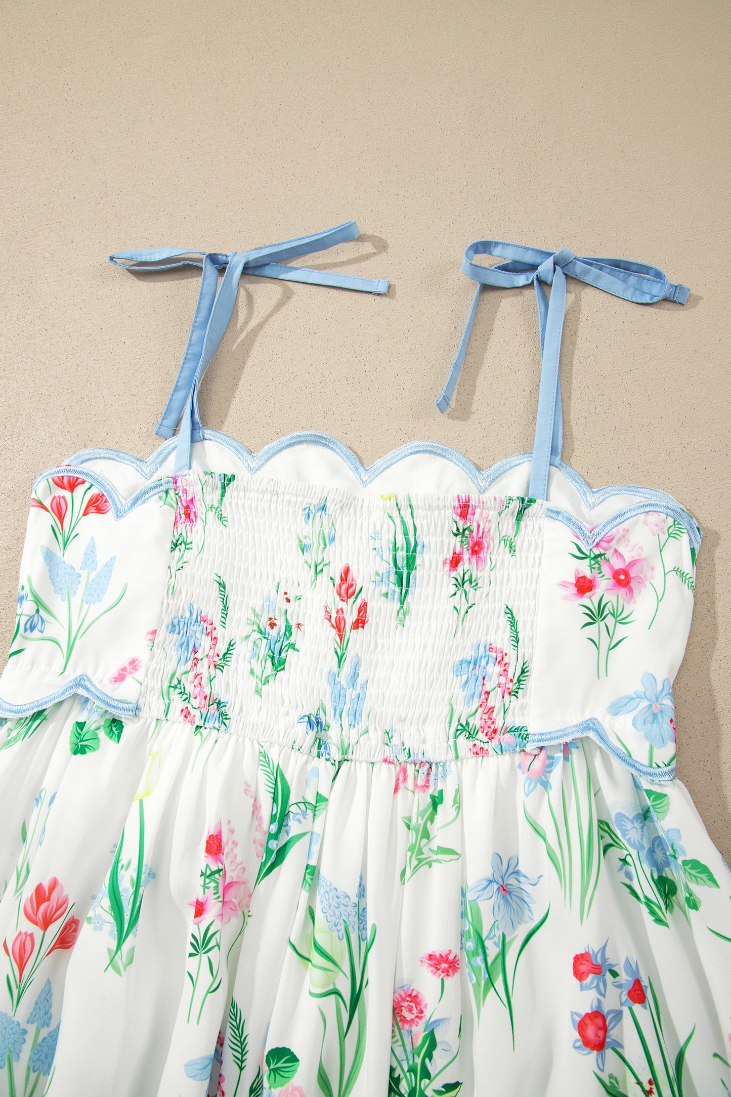 Beige Floral Print Contrast Trim Self-tie Straps High Waist Midi Dress-TOPS / DRESSES-[Adult]-[Female]-2022 Online Blue Zone Planet