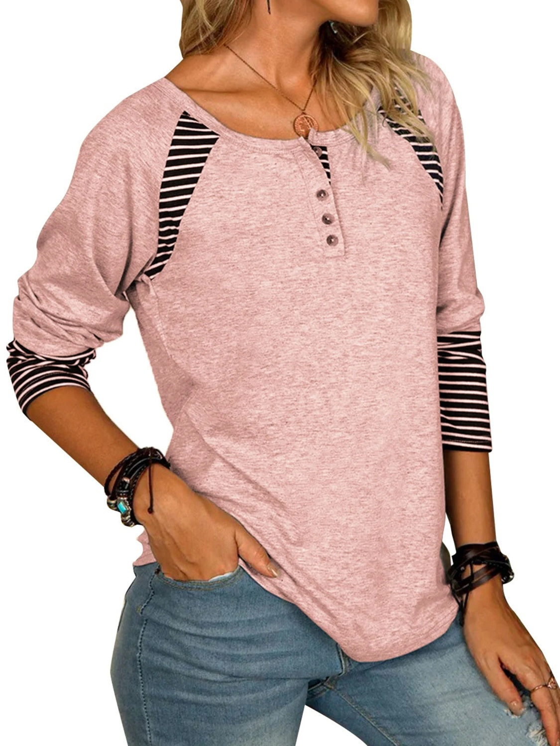 Full Size Striped Quarter Button Long Sleeve T-Shirt-TOPS / DRESSES-[Adult]-[Female]-2022 Online Blue Zone Planet