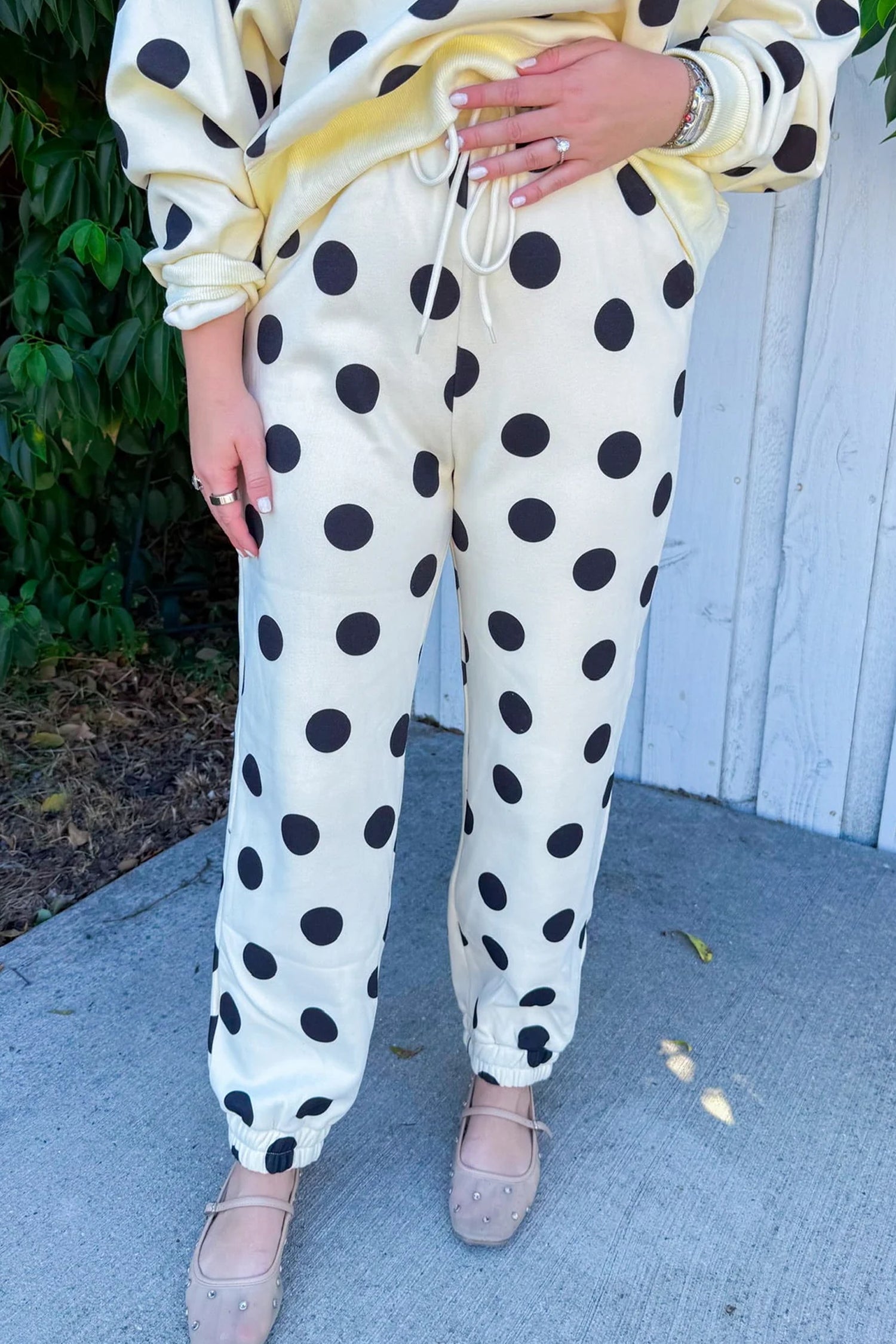 Beige Polka Dot Print Drop Shoulder Pullover Drawstring Jogger Pant Set-Two Piece Sets/Pant Sets-[Adult]-[Female]-2022 Online Blue Zone Planet