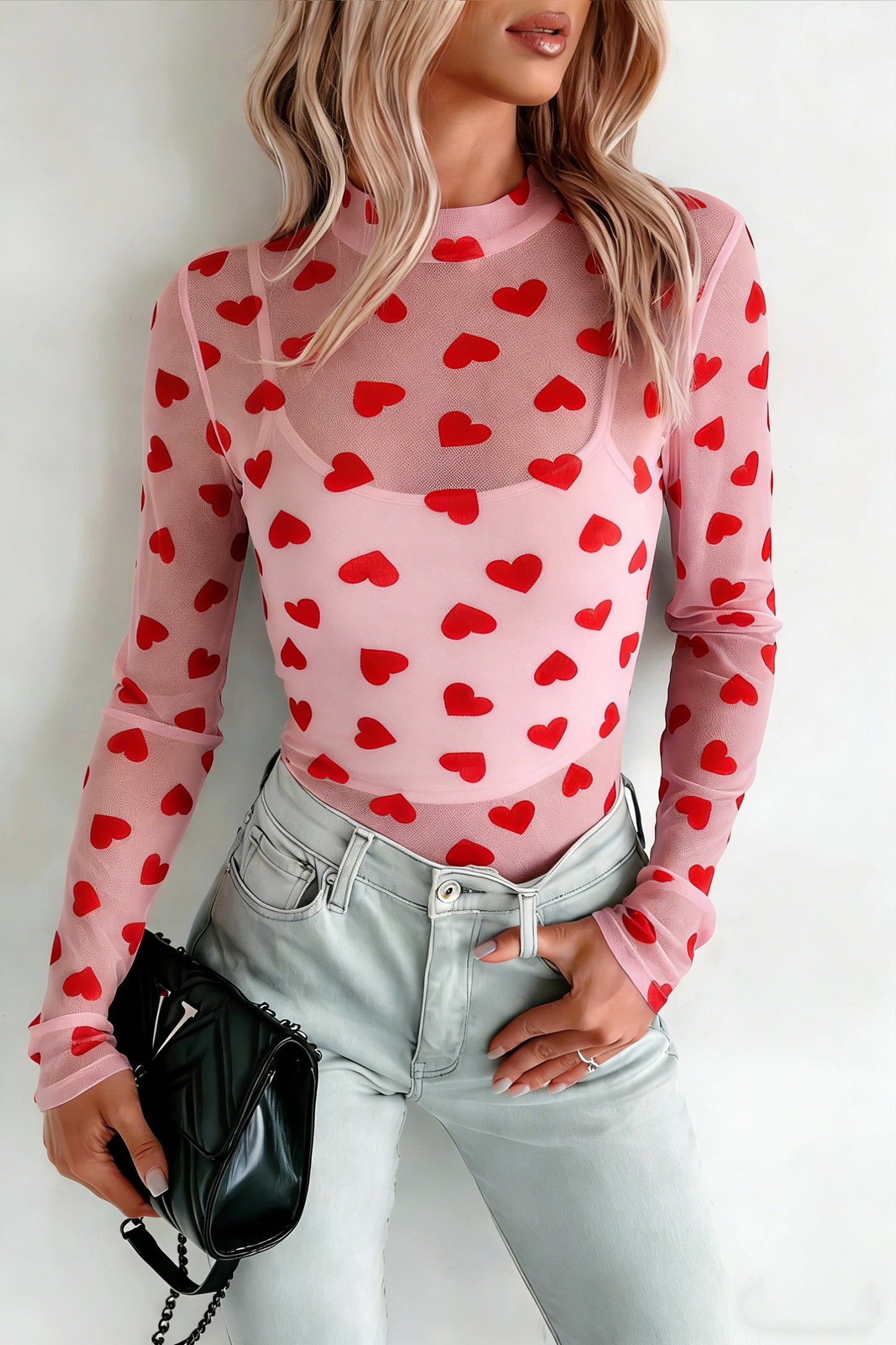 Pink Valentines Heart Printed Sheer Mesh Long Sleeve Top-Tops/Long Sleeve Tops-[Adult]-[Female]-Pink-S-2022 Online Blue Zone Planet