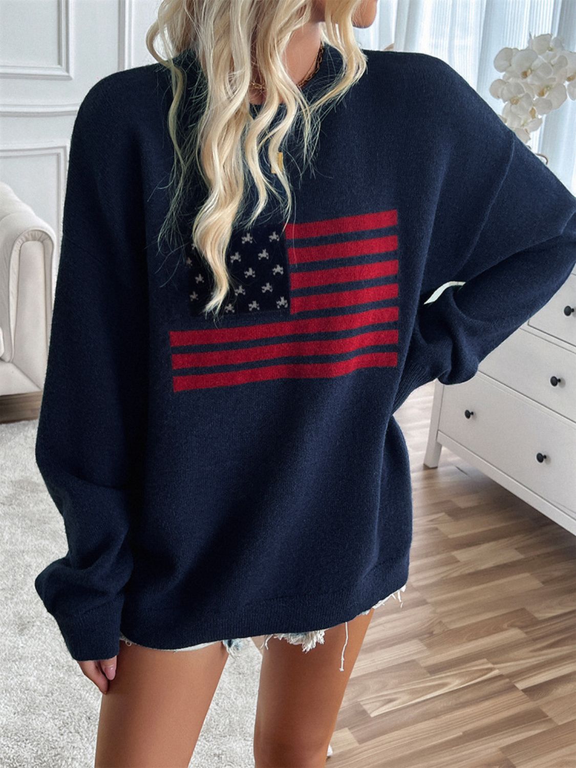 Devine US Flag Round Neck Long Sleeve Knit Top-TOPS / DRESSES-[Adult]-[Female]-2022 Online Blue Zone Planet