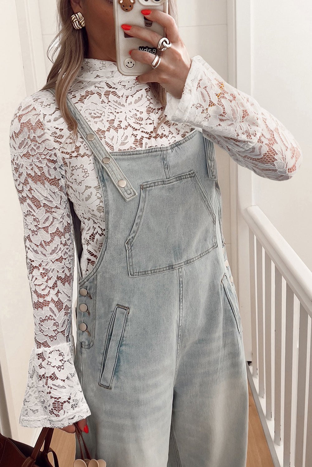 White Lace Crochet Bell Sleeve Mock Neck Blouse-Tops/Blouses & Shirts-[Adult]-[Female]-White-S-2022 Online Blue Zone Planet