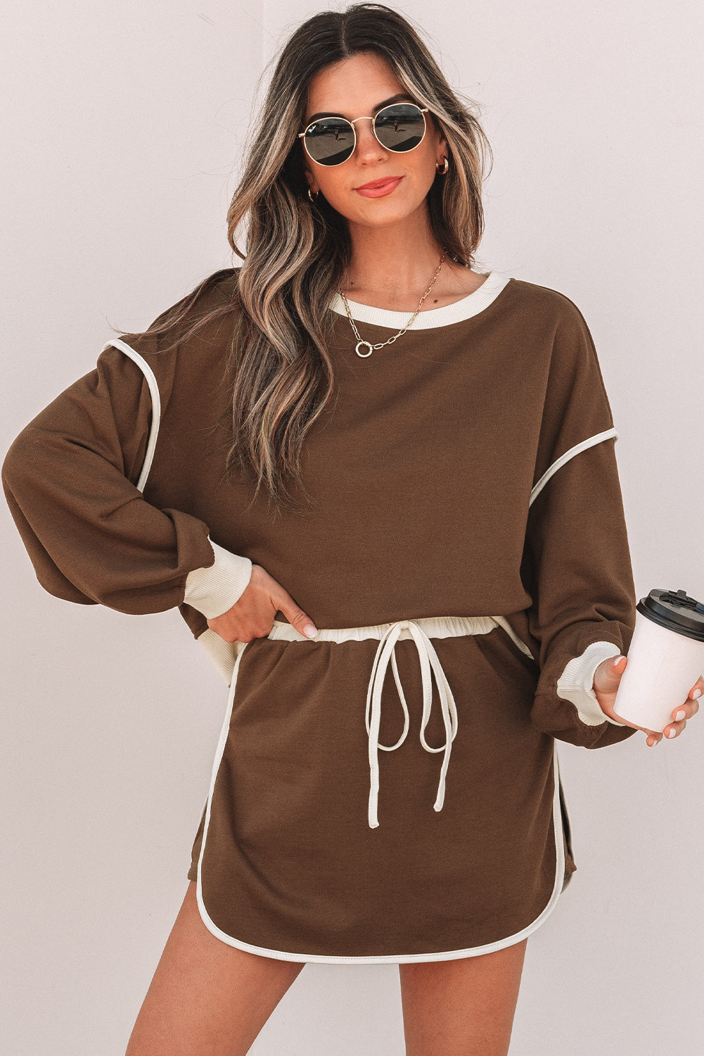 Blue Zone Planet | Rose Red Color Contrast Loose Pullover And Lace-Up Waist Skort Set-Two Piece Sets/Two Piece Dresses-[Adult]-[Female]-2022 Online Blue Zone Planet