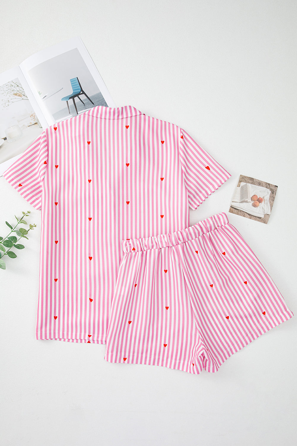 Pink Striped Heart Print Shirt and Shorts Pajama Set-Loungewear Set-[Adult]-[Female]-2022 Online Blue Zone Planet