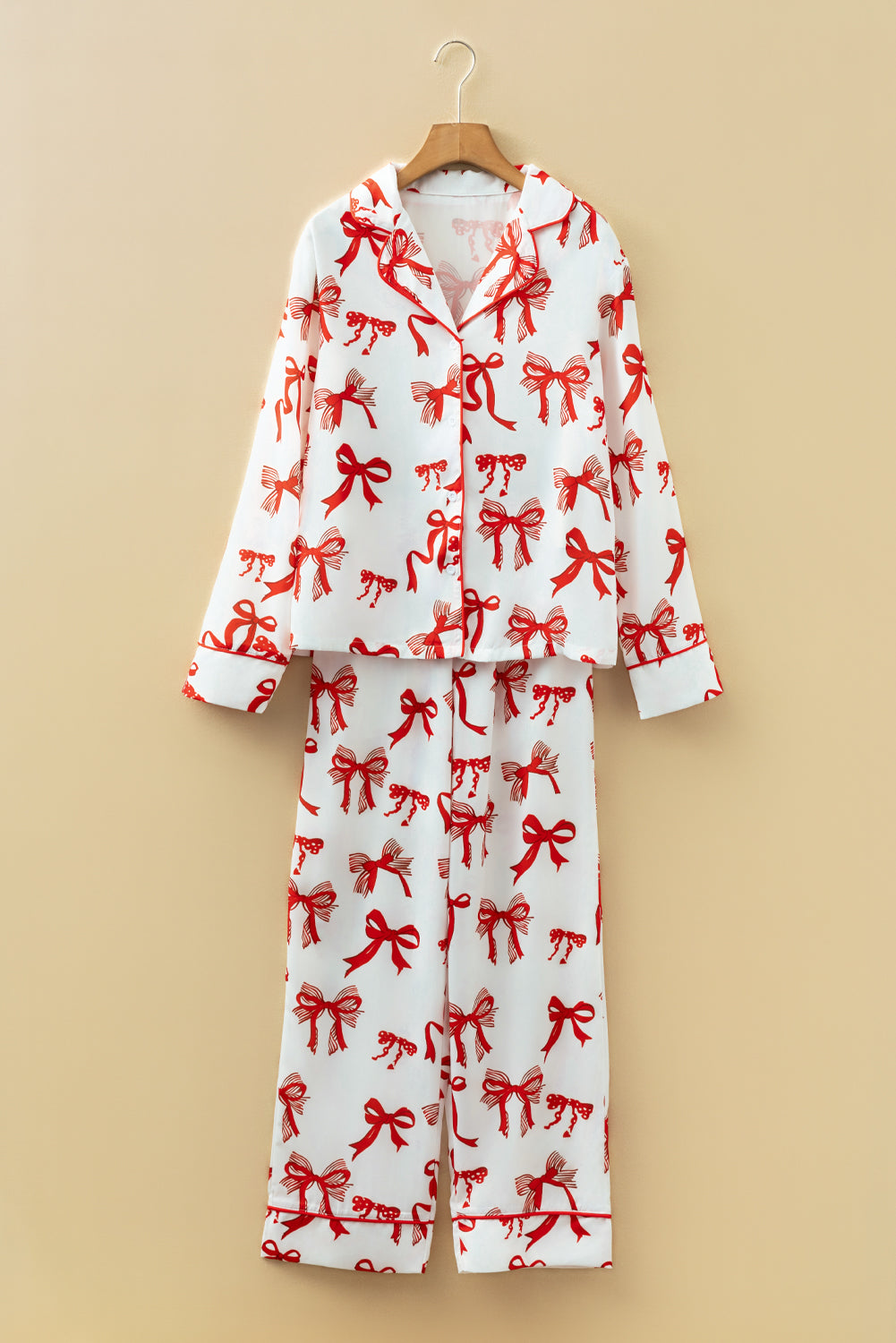 Red Christmas Bow Print Long 2pcs Pajama Set-Loungewear & Sleepwear/Sleepwear-[Adult]-[Female]-2022 Online Blue Zone Planet