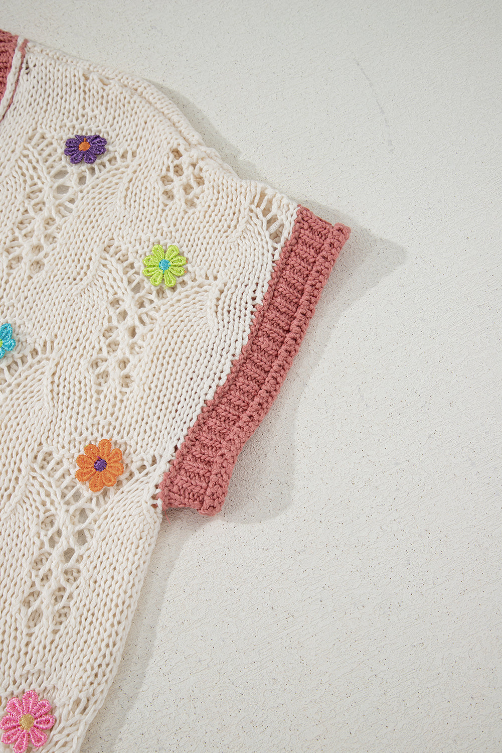 Delicacy Embroidered Flowers Colorblock Edge Hollowed Sweater-TOPS / DRESSES-[Adult]-[Female]-2022 Online Blue Zone Planet