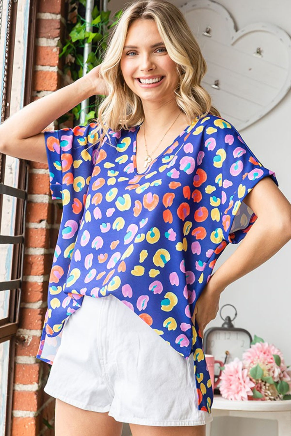 Blue Zone Planet | First Love Printed V-Neck Short Sleeve Blouse-TOPS / DRESSES-[Adult]-[Female]-BLUEMULTI-S-2022 Online Blue Zone Planet