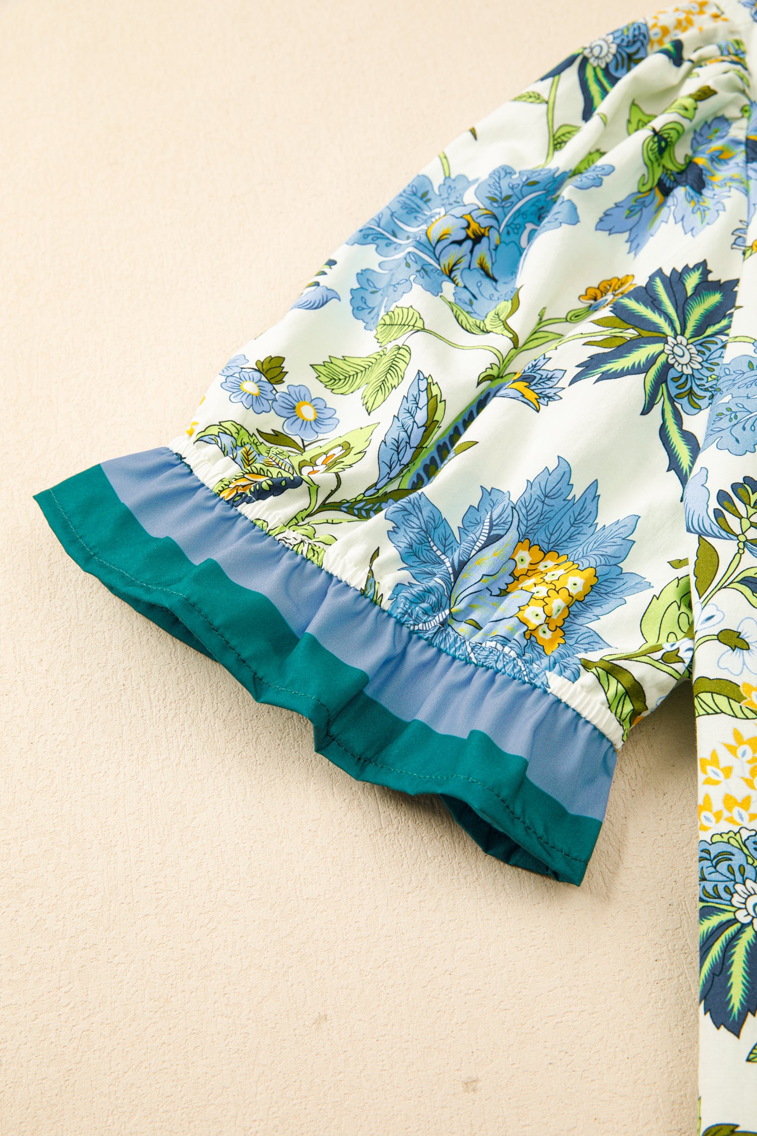 Sky Blue Plus Size Frilled V Neck Short Sleeve Floral Blouse-Plus Size/Plus Size Tops/Plus Size Blouses & Shirts-[Adult]-[Female]-2022 Online Blue Zone Planet