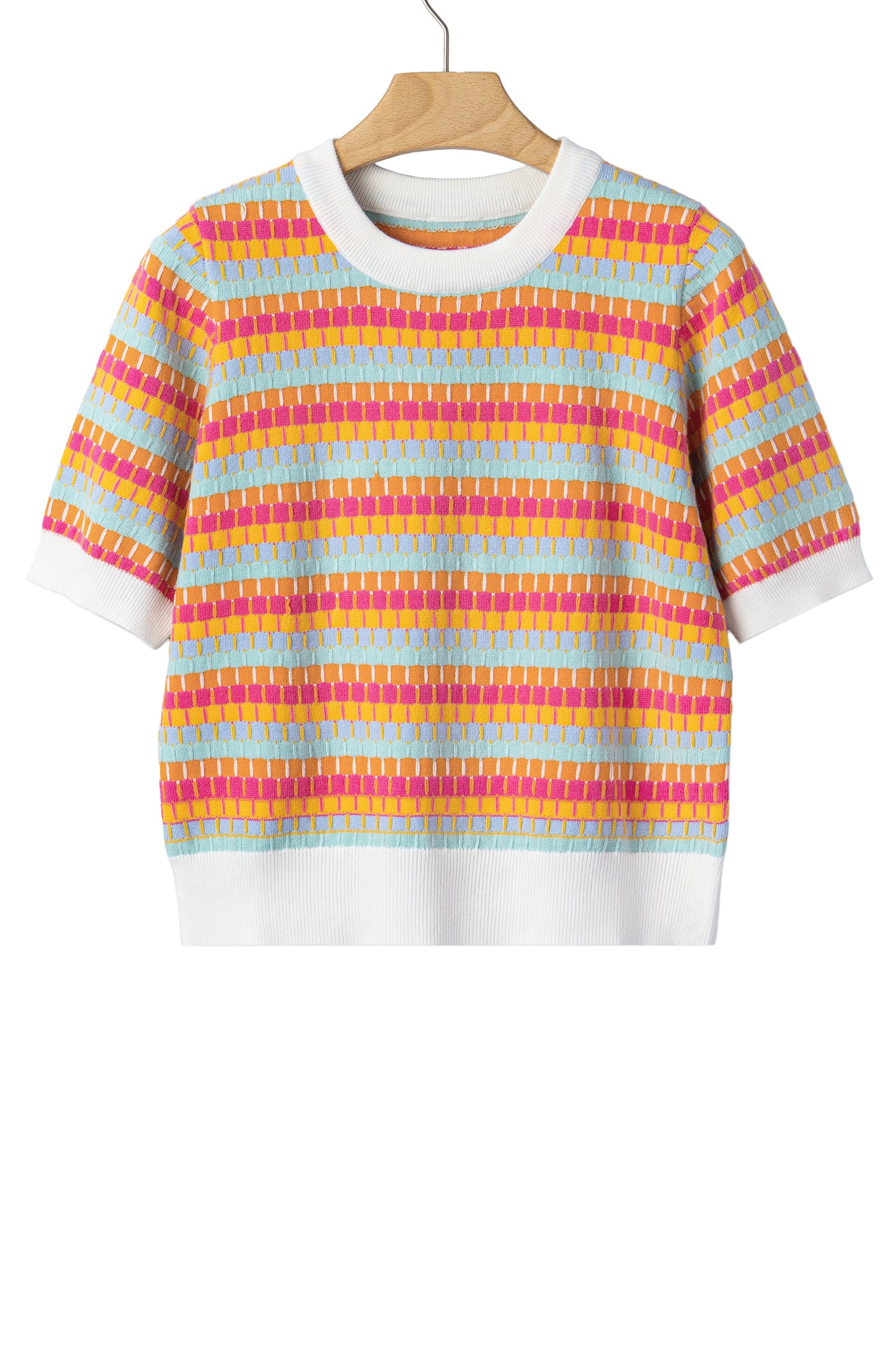 Orange Abstract Striped Knit Short Sleeve Sweater-Sweaters & Cardigans/Short Sleeve Sweaters-[Adult]-[Female]-2022 Online Blue Zone Planet