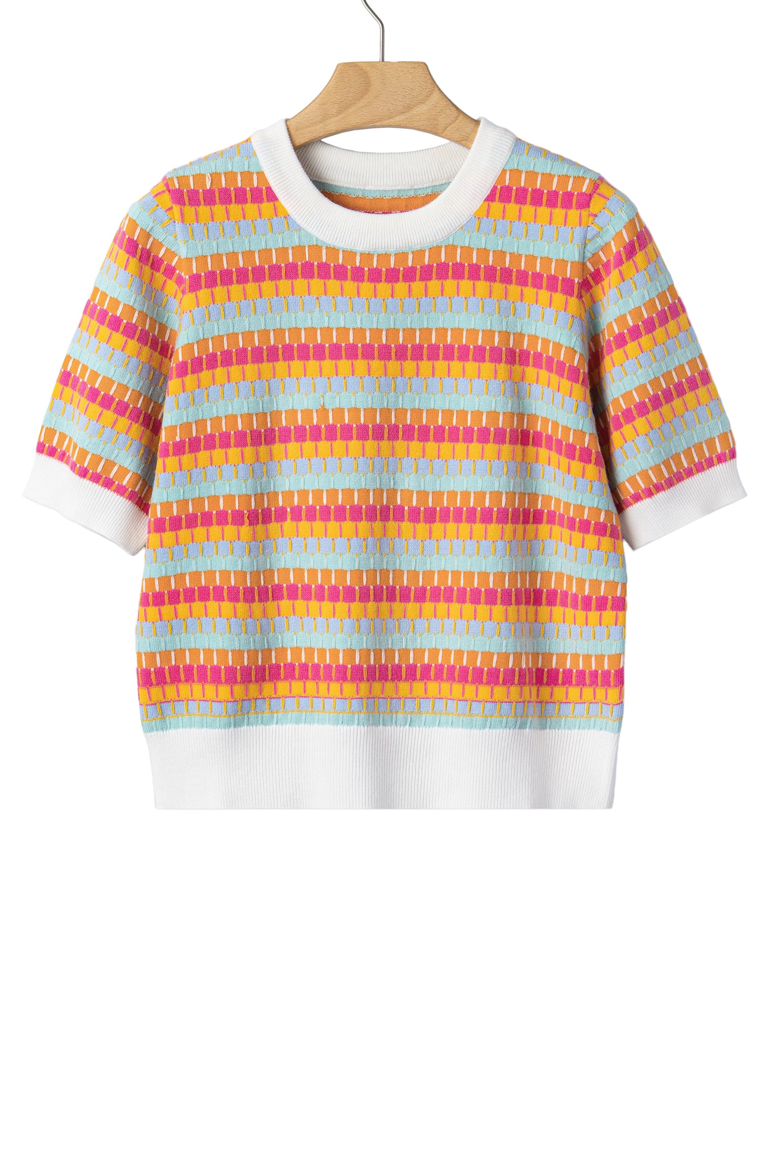 Orange Abstract Striped Knit Short Sleeve Sweater-Sweaters & Cardigans/Short Sleeve Sweaters-[Adult]-[Female]-2022 Online Blue Zone Planet