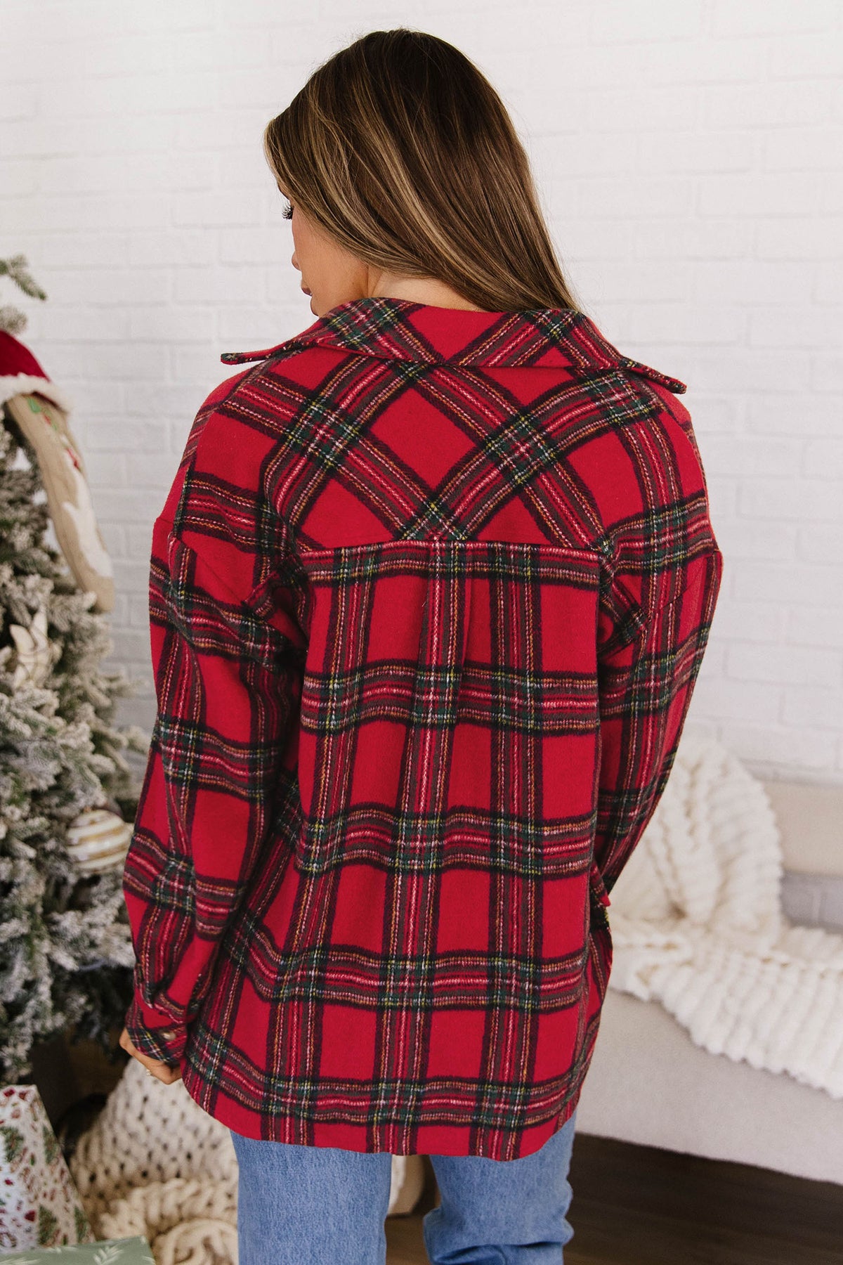 Red Plaid Button Front Shacket-Outerwear/Plaid Shackets-[Adult]-[Female]-2022 Online Blue Zone Planet