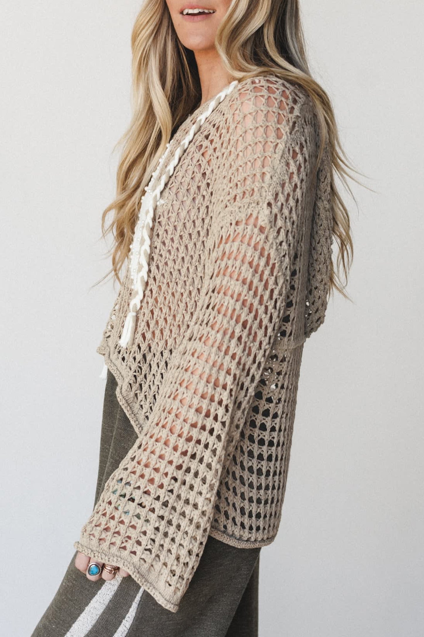 Sage Green Star Pattern Crochet Hooded Drawstring Sweater