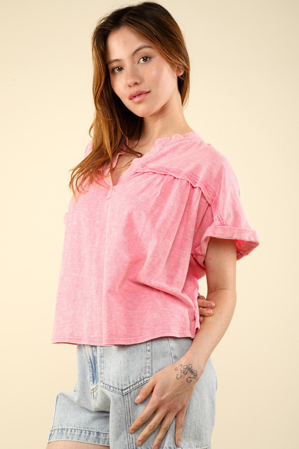 VERY J Nochted Short Sleeve Washed T-Shirt-TOPS / DRESSES-[Adult]-[Female]-2022 Online Blue Zone Planet